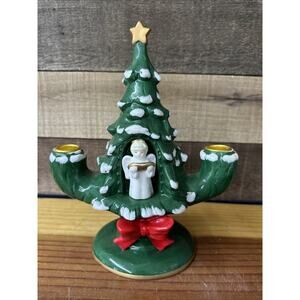 Cracker Barrel Ceramic Tree double taper Candle Holder Angel Red Bow